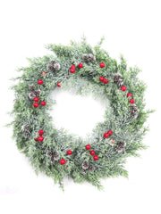 18" Iced Cedar Wreath with Pine Cones & Red Berries 2024 Christmas Collection