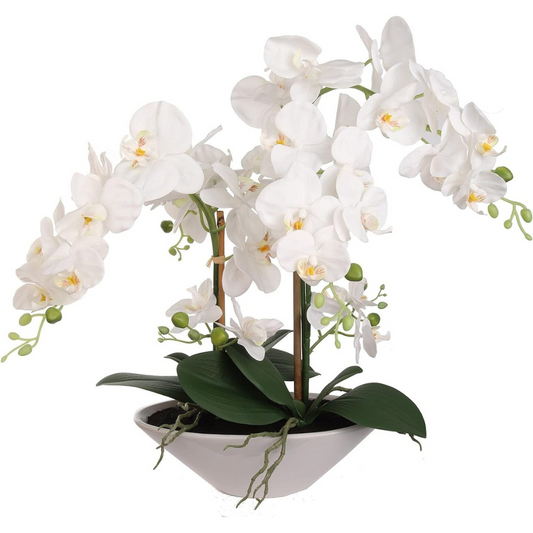 21-Inch White Phalaenopsis Orchid Flowers in 11-Inch Wide Boat White Vase – Elegant Artificial Floral Arrangement for Home and Office Decor – Lifelike, High-Quality Design