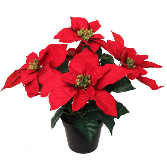 13" Red Velvet Poinsettia Bush in Black Pot with 5 Silk Flowers Pack of 6 2024 Christmas Collection