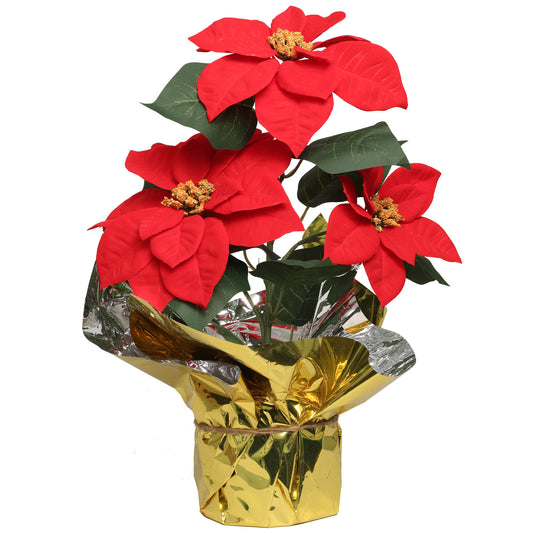 9.5" Diameter Artificial Red Poinsettia Bush with 3 Red Flowers in Pot Pack of 6