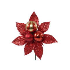 Glitter Poinsettia Pick with 3 Balls 2024 Christmas Collection