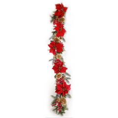 5' Glitter Poinsettia Garland with Gold Pine Cones & Red Berries 2024 Christmas Collection